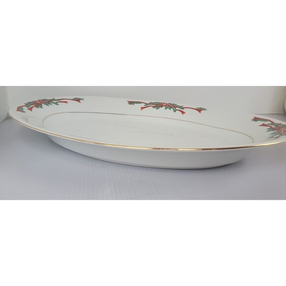 Vintage Tienshan Oval Platter Fine China Poinsettia & Ribbon Christmas 14" Plate - Picture 7 of 8